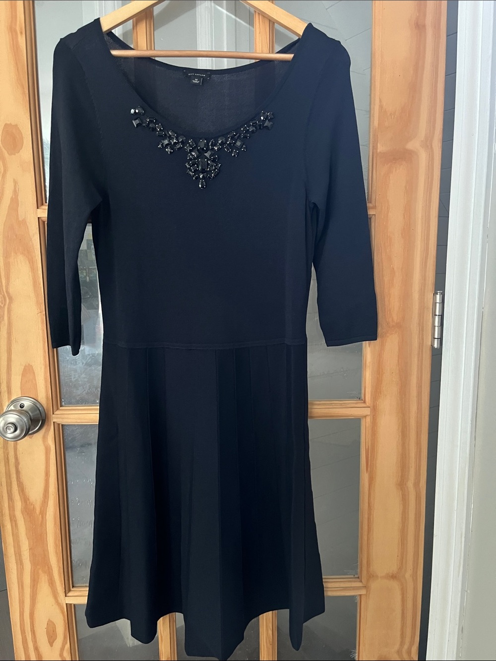 Ann Taylor Jewel Neck Pleated Knit Dress navy, 3/4 sleeve medium